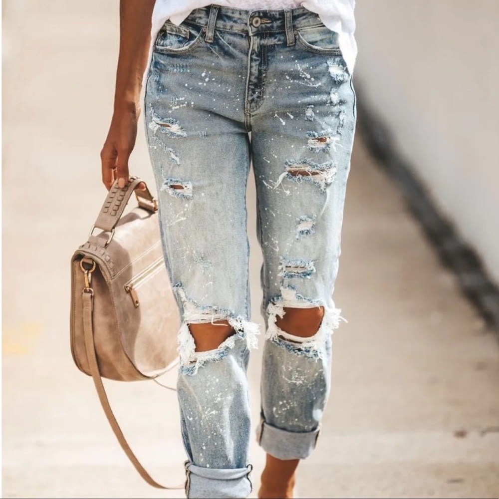 Brand New Distressed Denim Jeans Paint Splatter Relaxed Fit Boyfriend - Picture 1 of 10